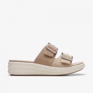 Beige Clarks Women's Drift Buckle Wedge Sandals | 897NAPZXV