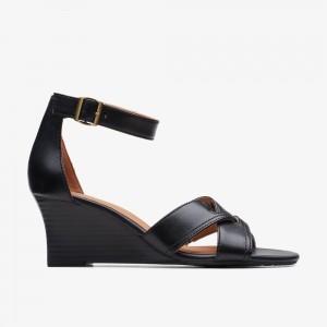 Black Clarks Women's Cielo Charm Wedge Sandals | 640QSKXBT