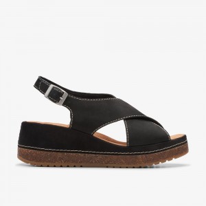 Black Clarks Women's Kassanda Step Wedge Sandals | 630QTDBPY