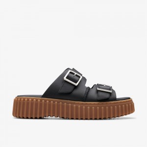 Black Clarks Women's Torhill Slide Flat Sandals | 027BTHFKI