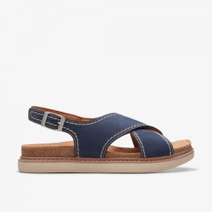 Navy Clarks Women's Arwell Sling Flat Sandals | 204KEATJB