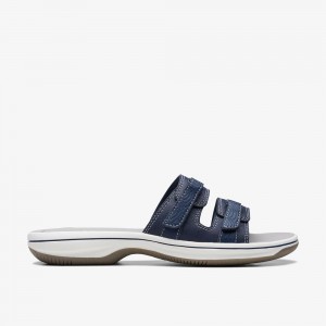 Navy Clarks Women's Breeze Piper Flat Sandals | 073UHDJYR