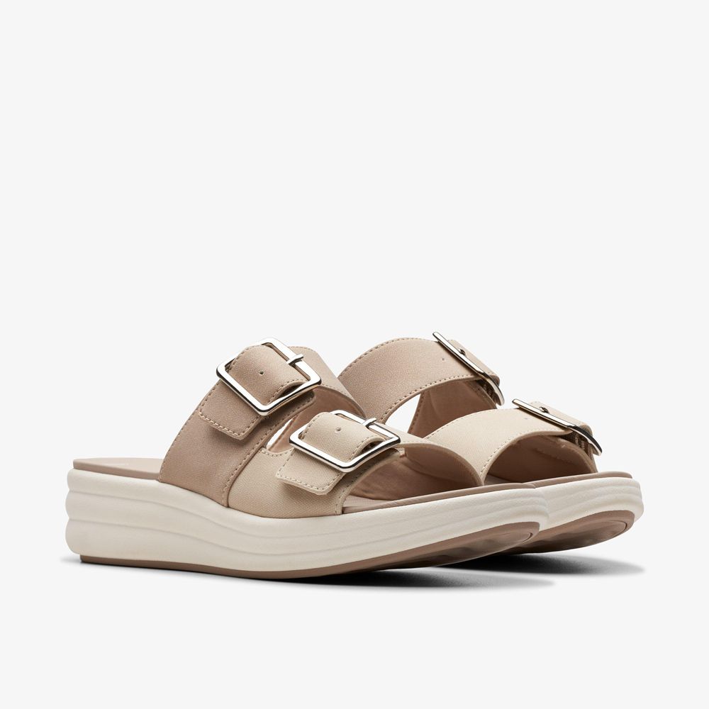 Beige Clarks Women's Drift Buckle Wedge Sandals | 897NAPZXV