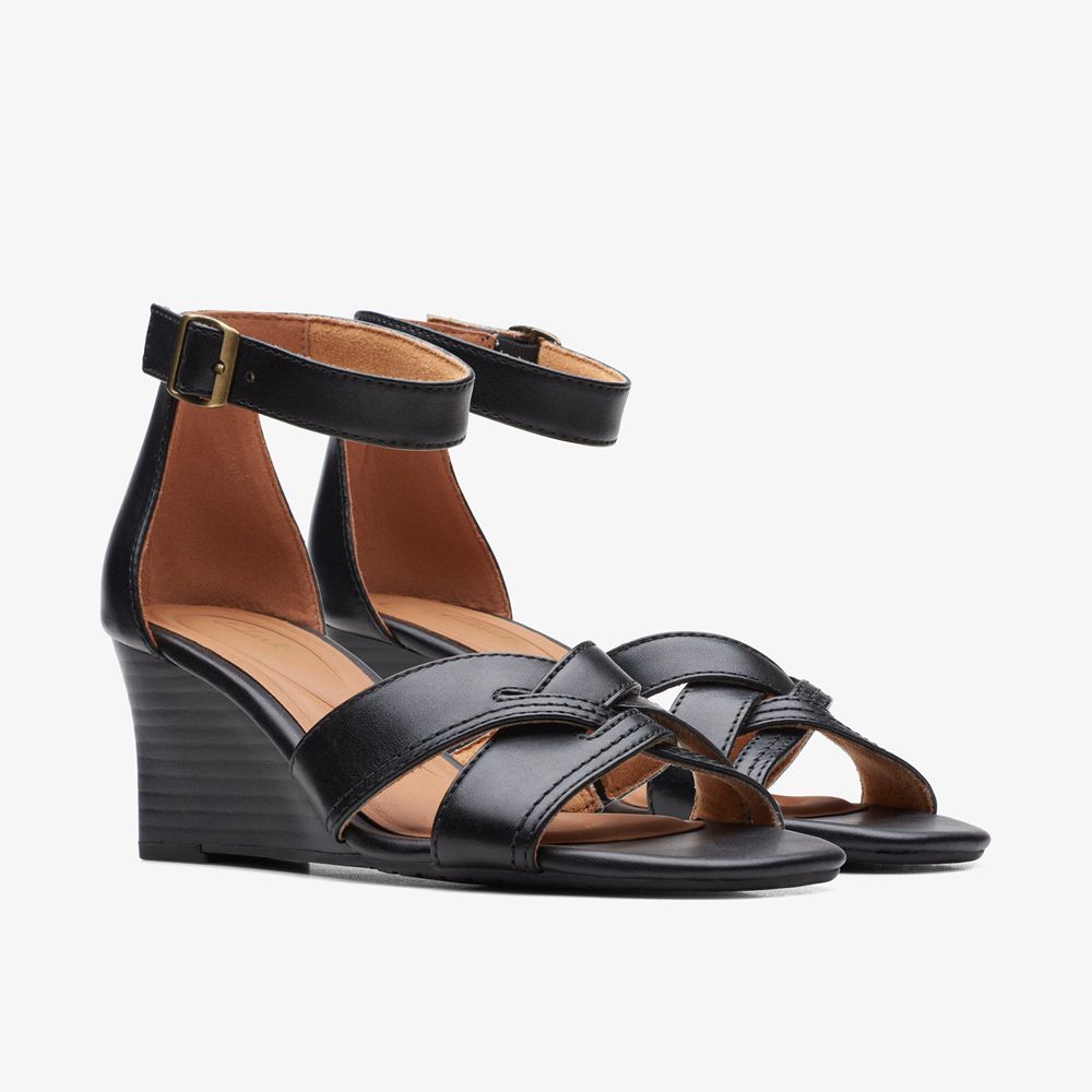 Black Clarks Women's Cielo Charm Wedge Sandals | 640QSKXBT