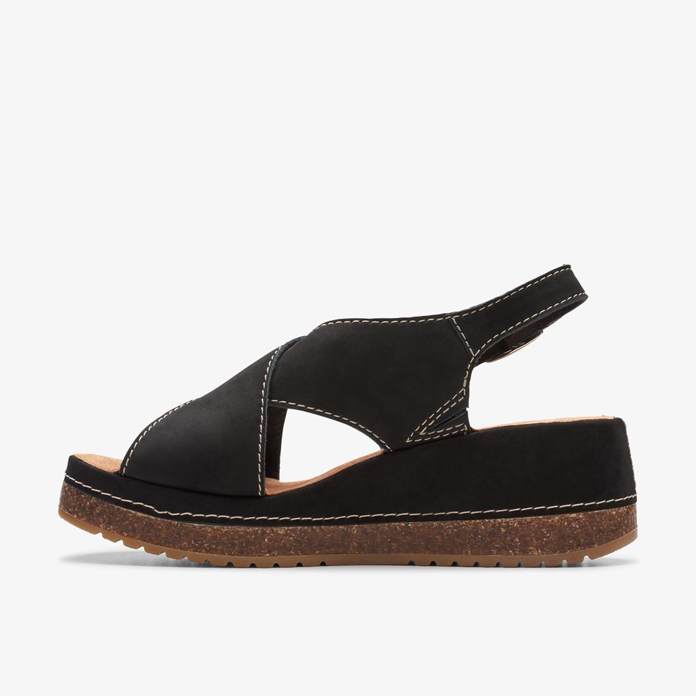 Black Clarks Women's Kassanda Step Wedge Sandals | 630QTDBPY