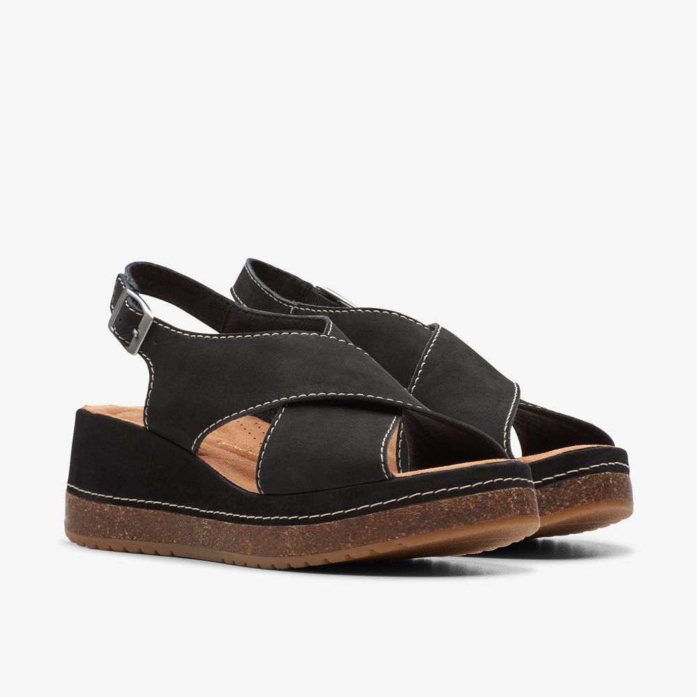 Black Clarks Women's Kassanda Step Wedge Sandals | 630QTDBPY