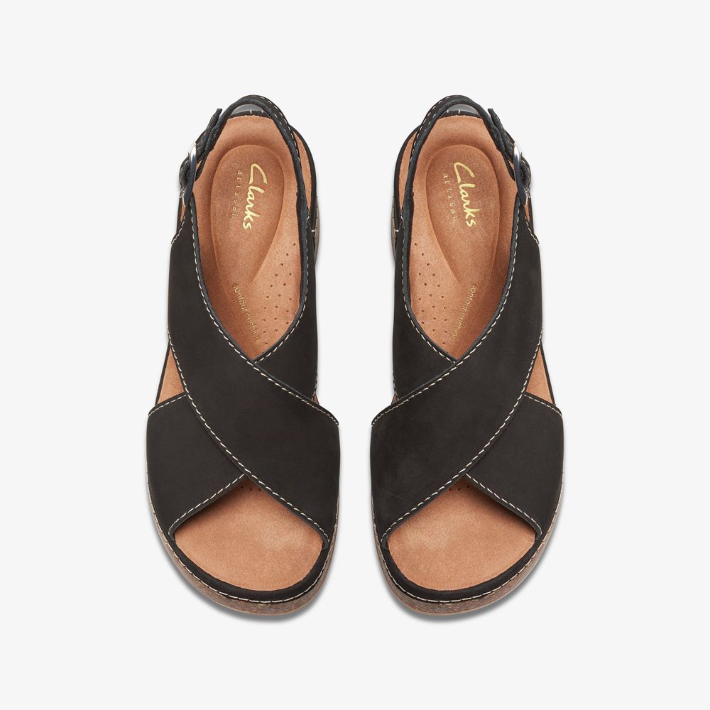 Black Clarks Women's Kassanda Step Wedge Sandals | 630QTDBPY