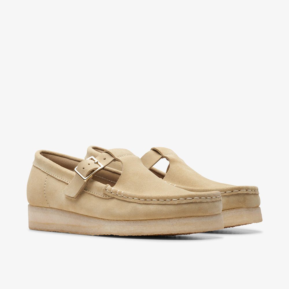 Khaki Clarks Women's Wallabee T-bar Loafers | 563NJEYGH