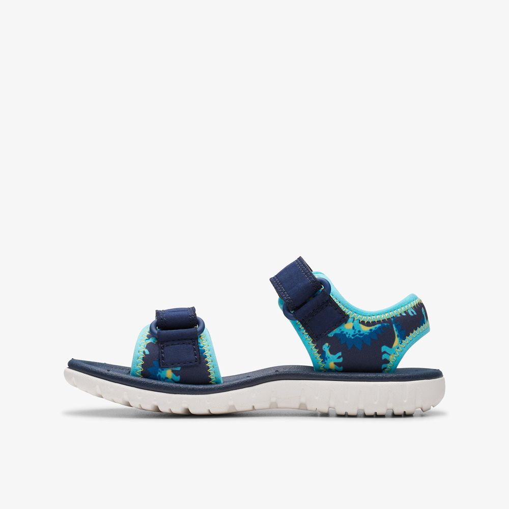 Navy Clarks Kids Surfing Tide Flat Sandals | 034DRTJAG