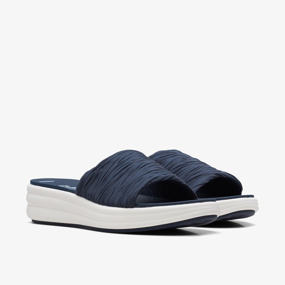 Navy Clarks Women's Drift Petal Wedge Sandals | 150NXLZPJ